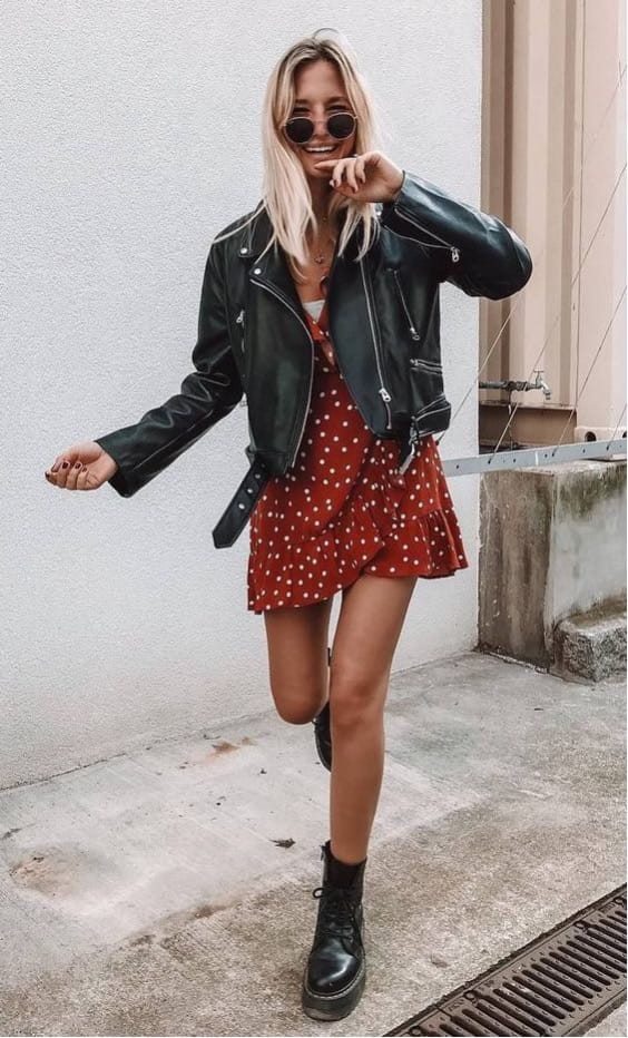 Кожено яке с червена рокля - VSFashion